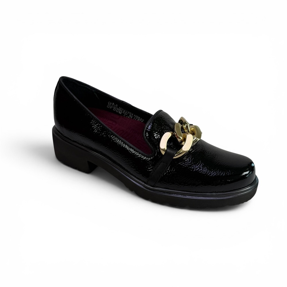 Munro Viv Platform Loafer Womens 5 Black Patent Crinkle Gold Chain Comfort Shoes